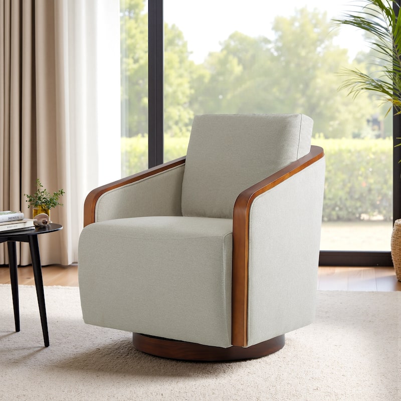 Upholstered Swivel Barrel Chair with Curved Wood Arms - BEIGE BROWN