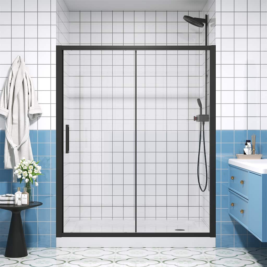 Single Sliding Shower Door Semi-Frameless Shower Glass Panel, 1/4" Clear Tempered Glass
