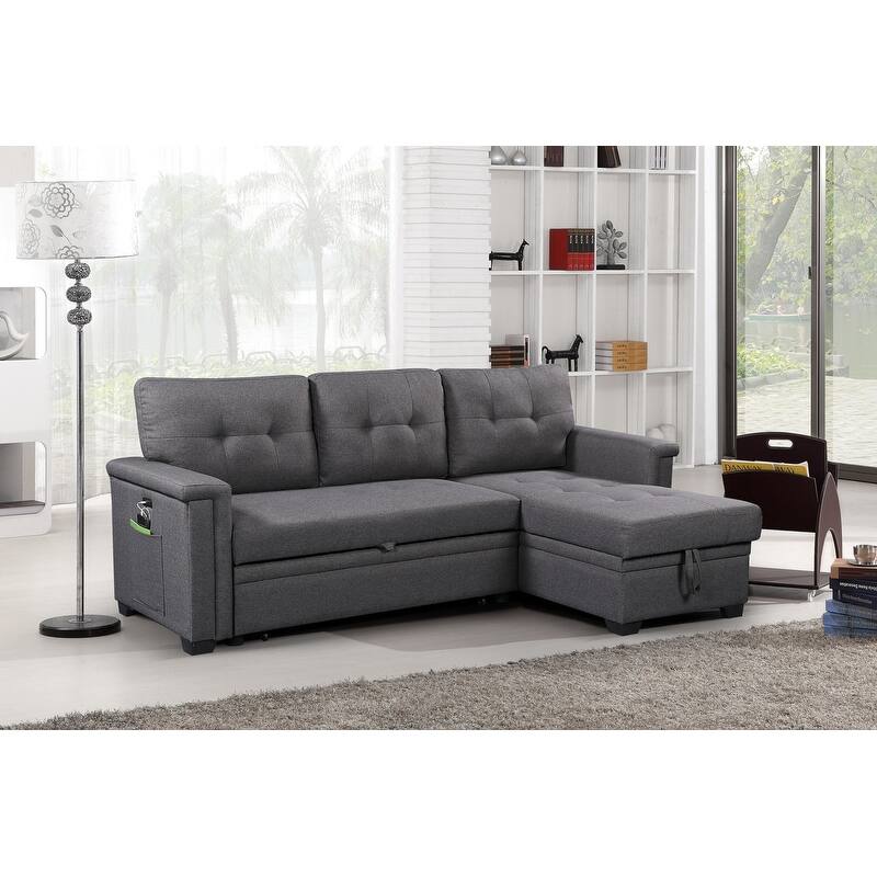 84" Dark Gray Reversible Sleeper Sofa with Storage, USB Ports, Pocket, Linen