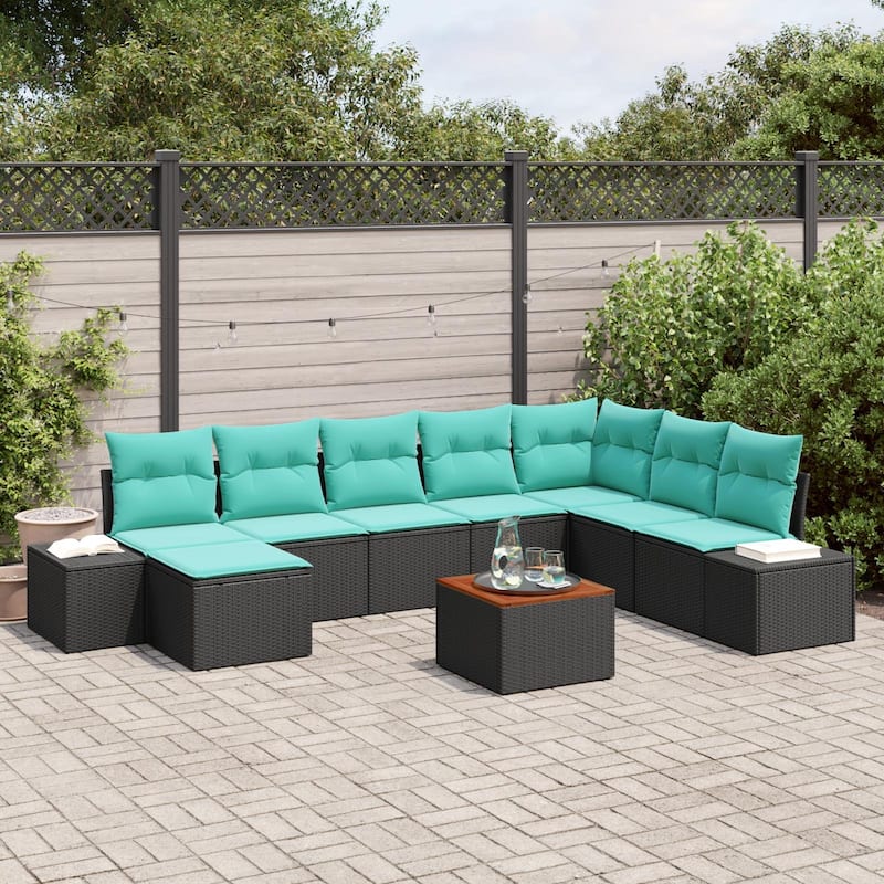 vidaXL 9 Piece Garden Sofa Set with Cushions Black Poly Rattan Acacia - 125.6×82.3×27.2