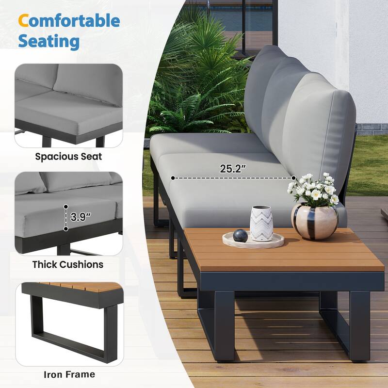 Outdoor Patio Conversation Sofa Set L-shape Sectional Sofa Set with Adjustable Reclining Seats, Coffee Table, Side Table
