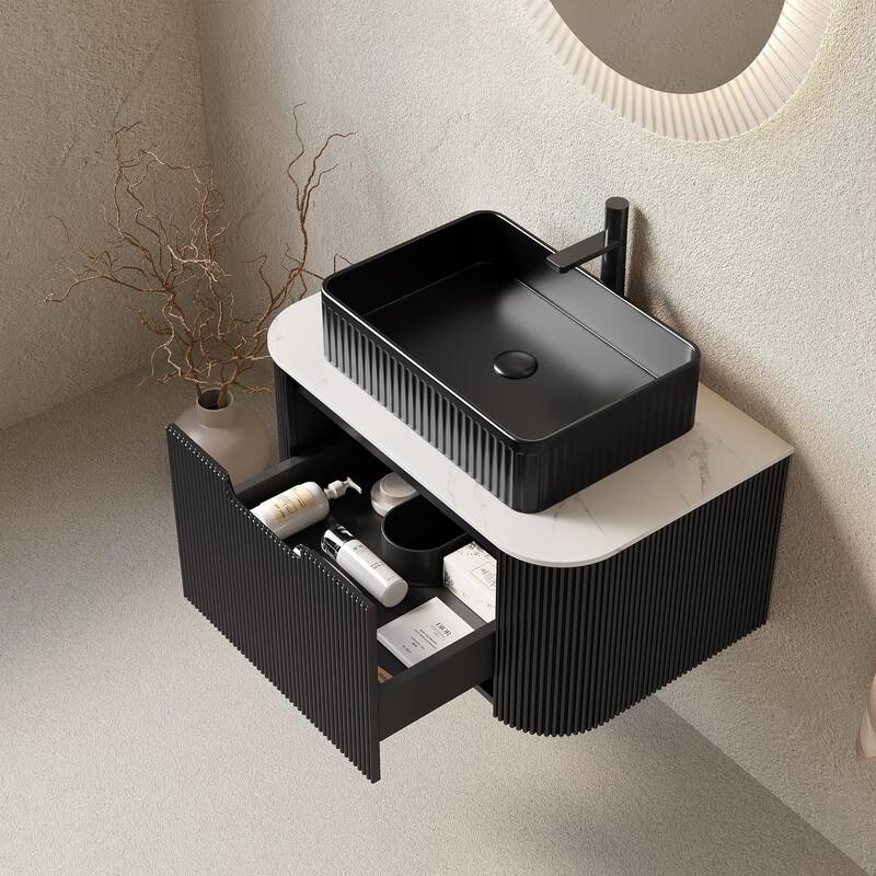 Wall Mounted Bathroom Vanity with Black Rectangular Ceramic Basin