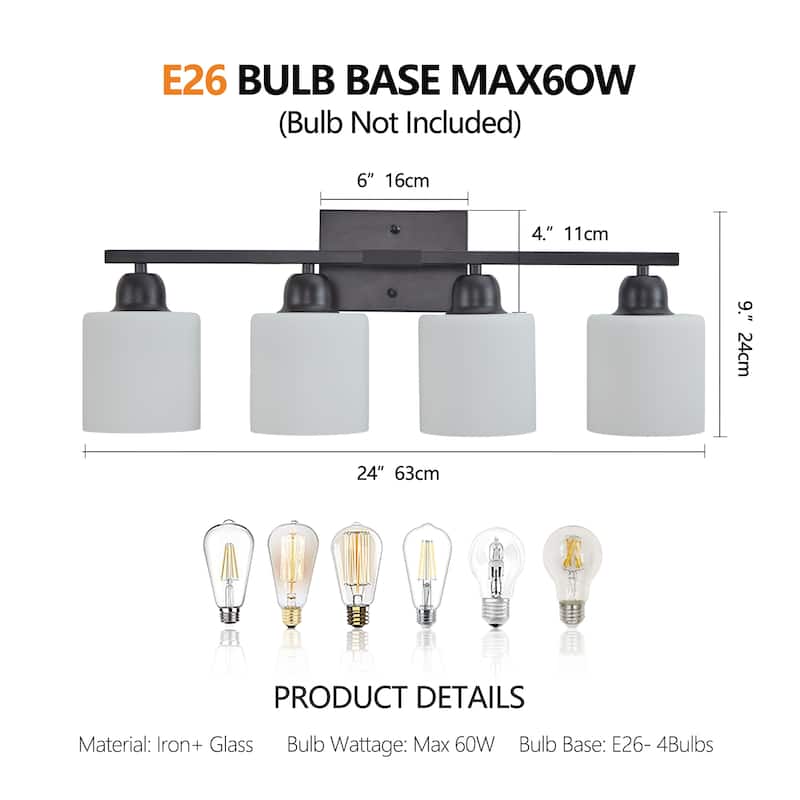 4-Light Black Bathroom Vanity - Milky Frosted Glass - E26 Socket