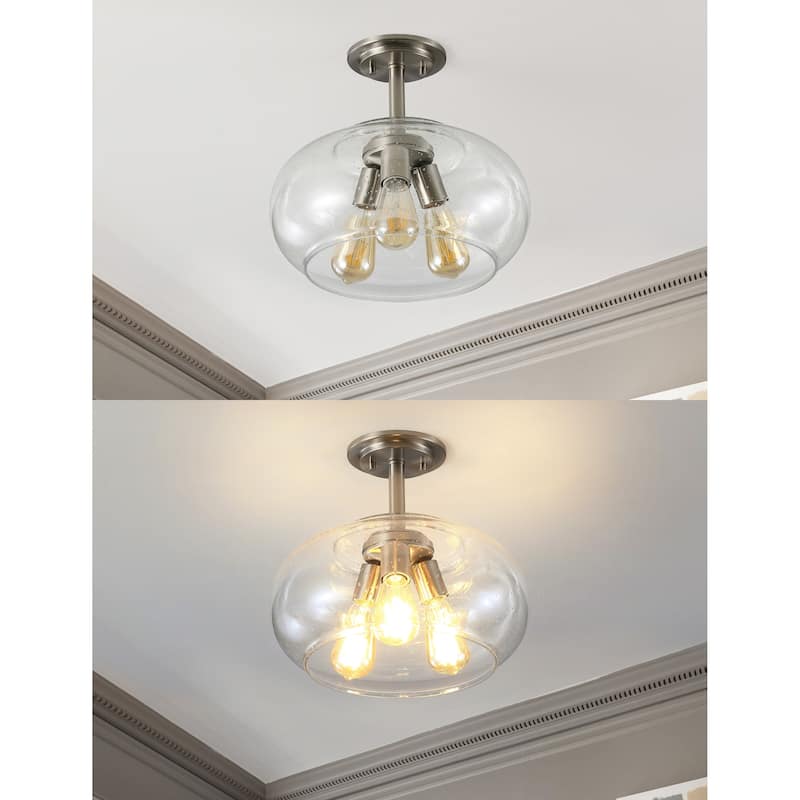 Marlowe 13.75" 3-Light Modern Industrial Iron/Seeded Glass LED Semi Flush Mount, Nickel/Clear by JONATHAN Y