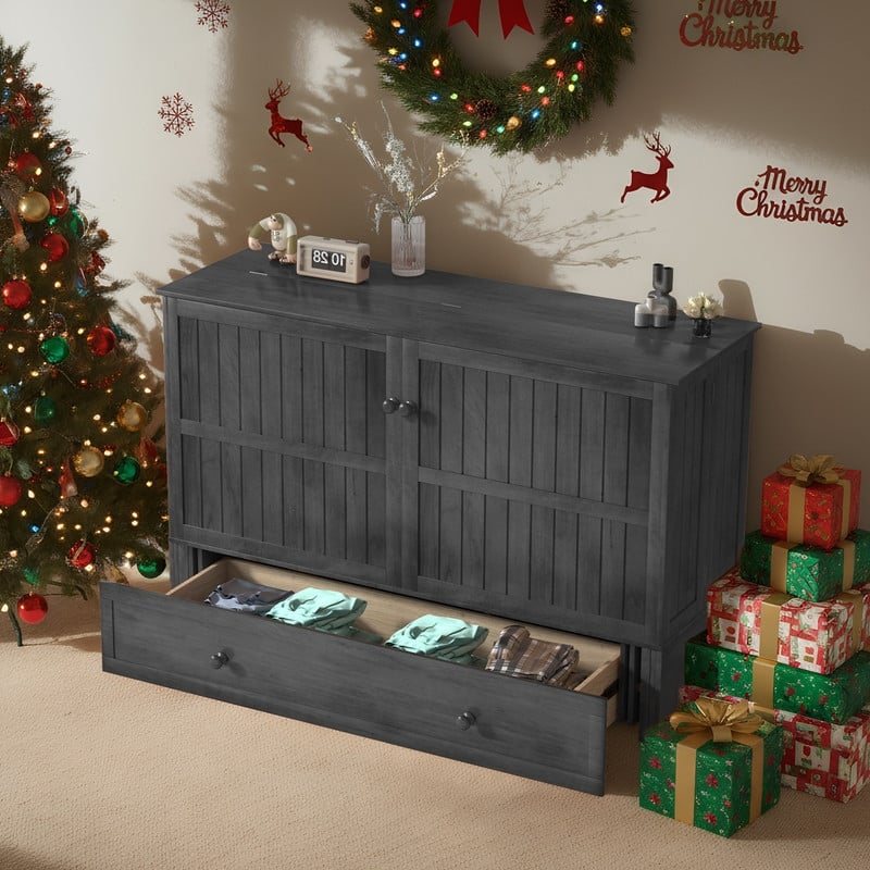 Mixoy Queen Murphy Bed Cabinet with Matress and Built-in Charger