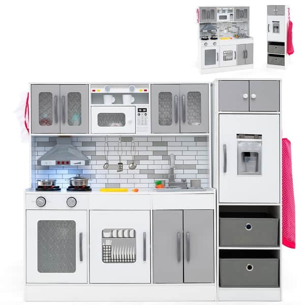 slide 2 of 20, Gymax Wooden Kitchen Playset w/ Lights Sounds Interactive Features Grey