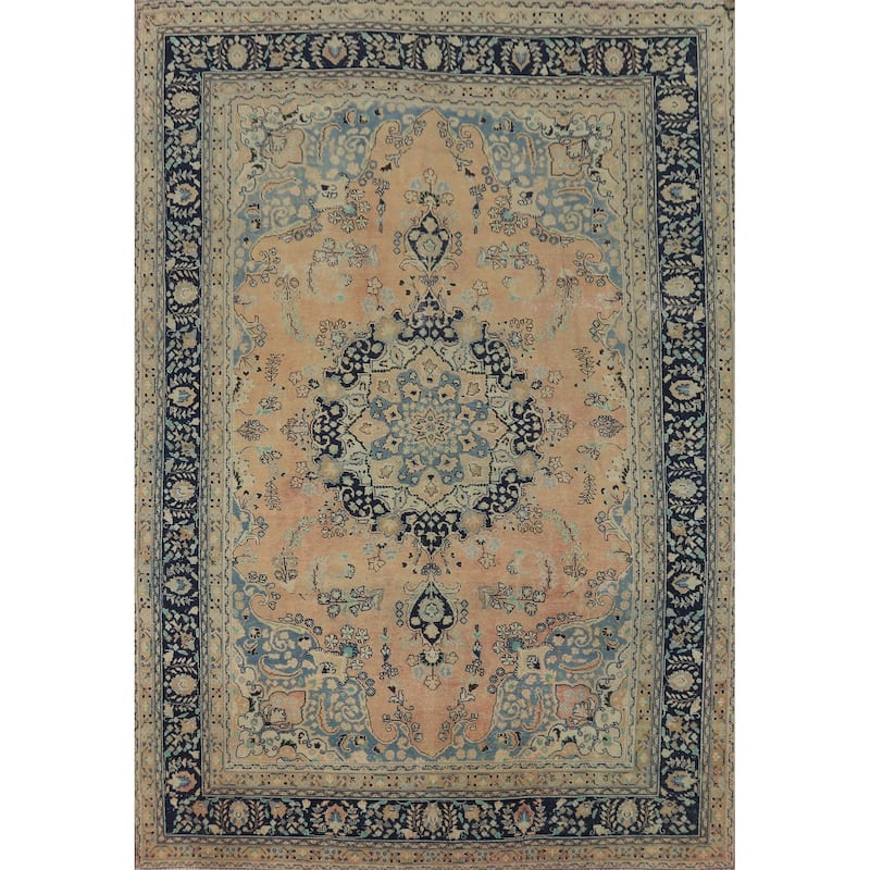 Medallion Mashad Persian Vintage Area Rug Handmade Wool Carpet - 7'11"x 11'1"
