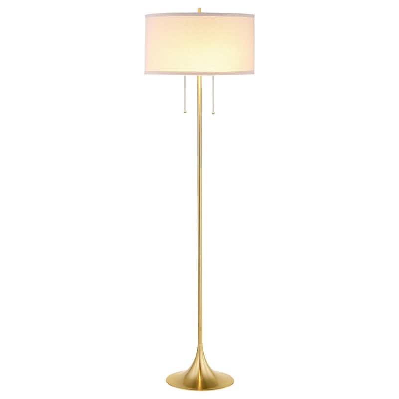 Mikka Floor Lamp, Pull-Chain, Gold Flared Pedestal Base, Beige Fabric