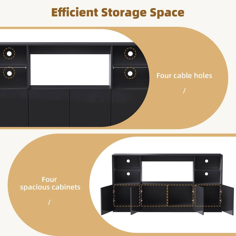 Modern High-Gloss TV Stand for TVs up to 75" with LED Lights, Large Storage Cabinet and Tempered Glass Shelves, Black