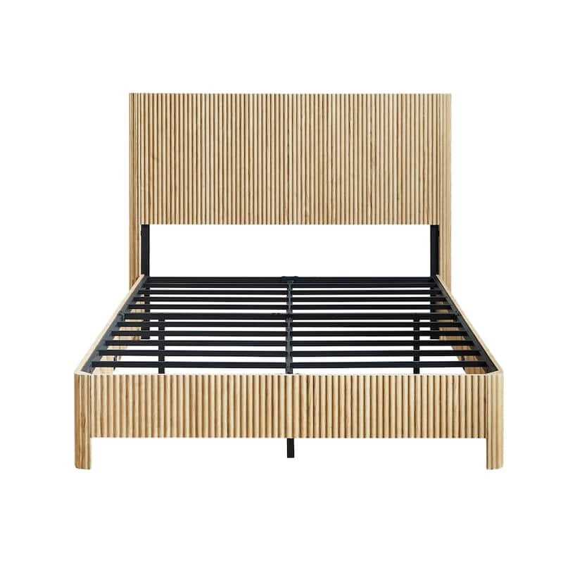 Low Profile Platform Bed, Wooden Corrugated Curved Lines Headboard Wingback Bed, Metal Slat Support Bed Frame