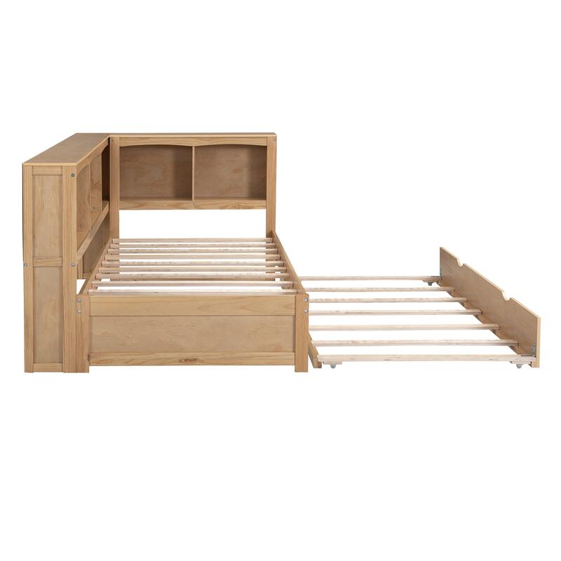 Twin Size Daybed with Trundle & LShaped Bookcases, Wood Platform Bed