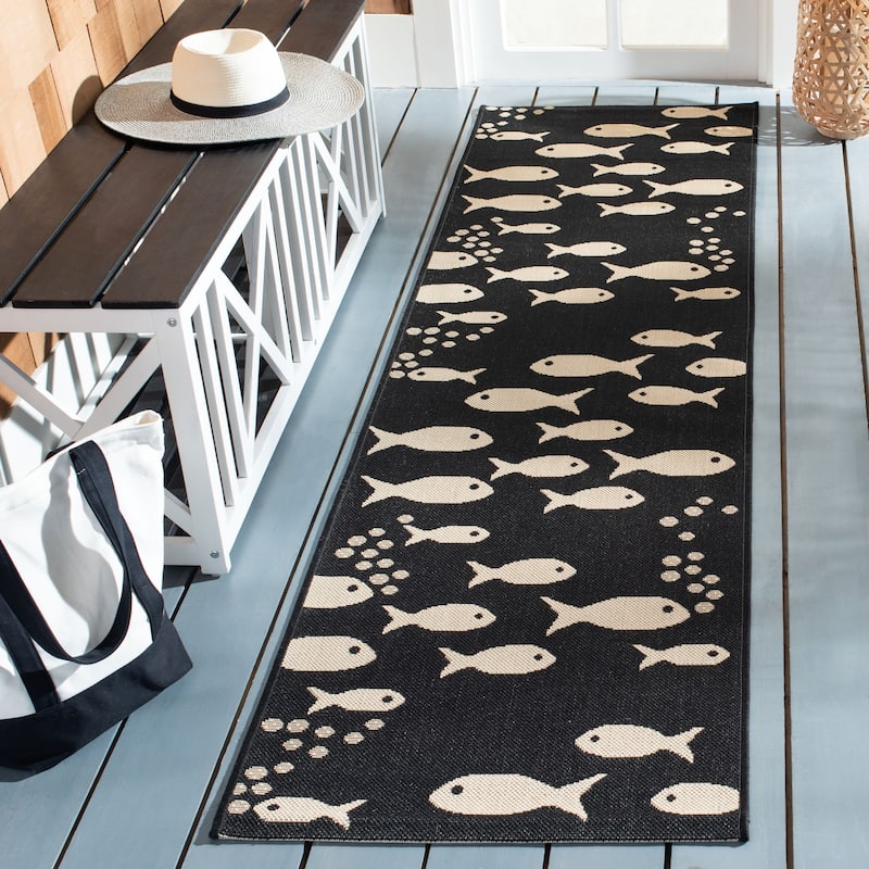 SAFAVIEH Courtyard Illa Indoor/ Outdoor Waterproof Patio Backyard Rug - 2'3" x 14' Runner - Black/Beige