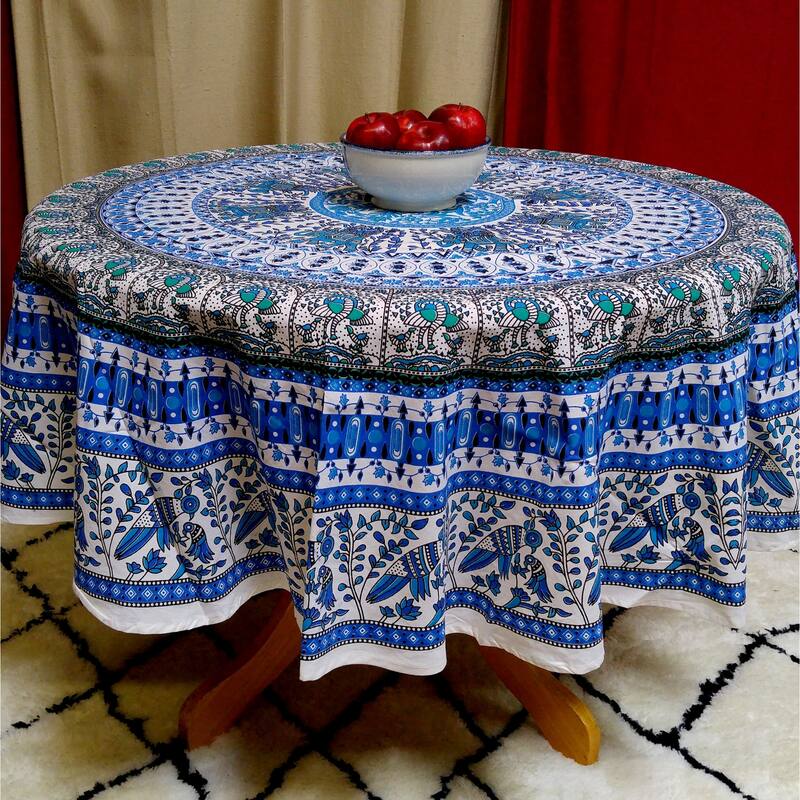 Mighty Elephant and Peacock Print Cotton Tablecloth Round - Blue