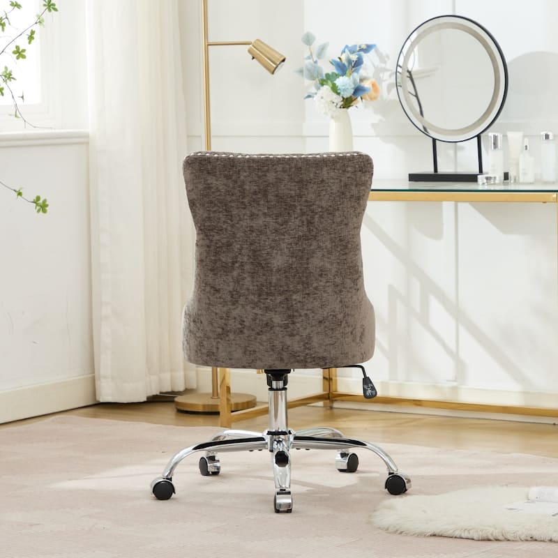 Chenille Upholstered Swivel Office Chair, Tufted Button Home Office Chair, Adjustable Vanity Chair with Metal Base