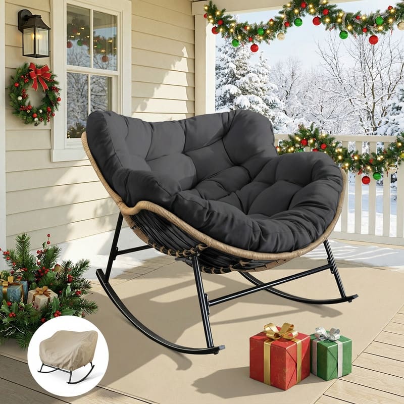 Outdoor Rocking Papasan Chair, Wide Egg Rocking Chair with Thick Padded Cushion, 450 lb Capacity Patio Relaxing Rocker