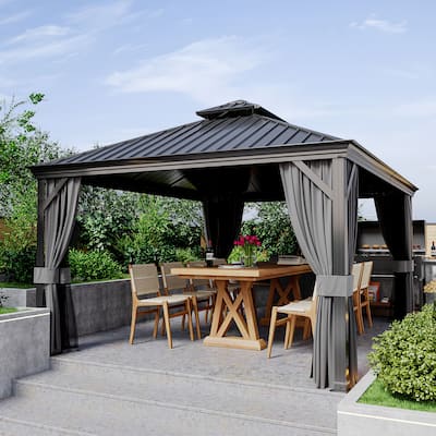 12x16ft Outdoor Double-Roof Aluminum Gazebo with Curtains and Mosquito Netting