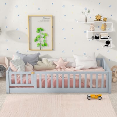 Twin Size Floor Bed with Fence and Door,Rubber Wood Floor Bed with Safety