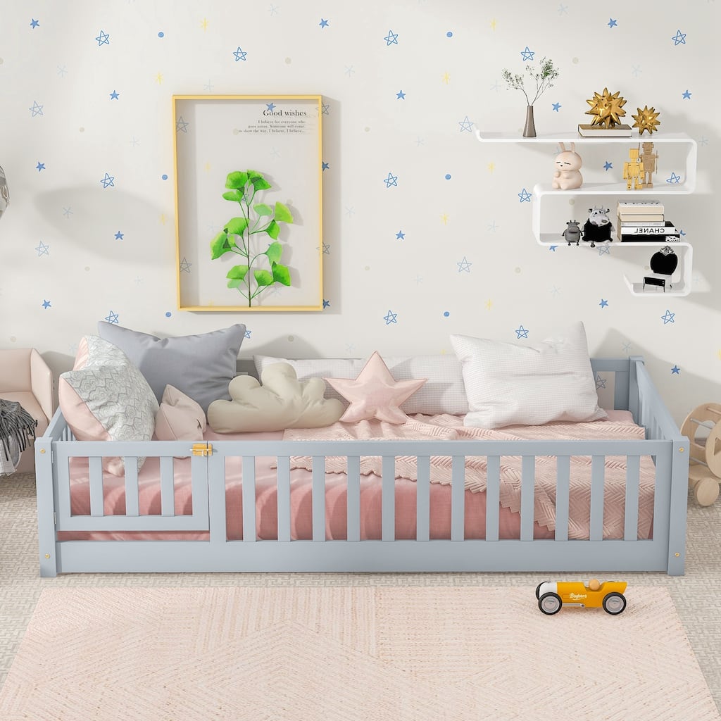 Twin Size Floor Bed with Fence and Door,Rubber Wood Floor Bed with Safety