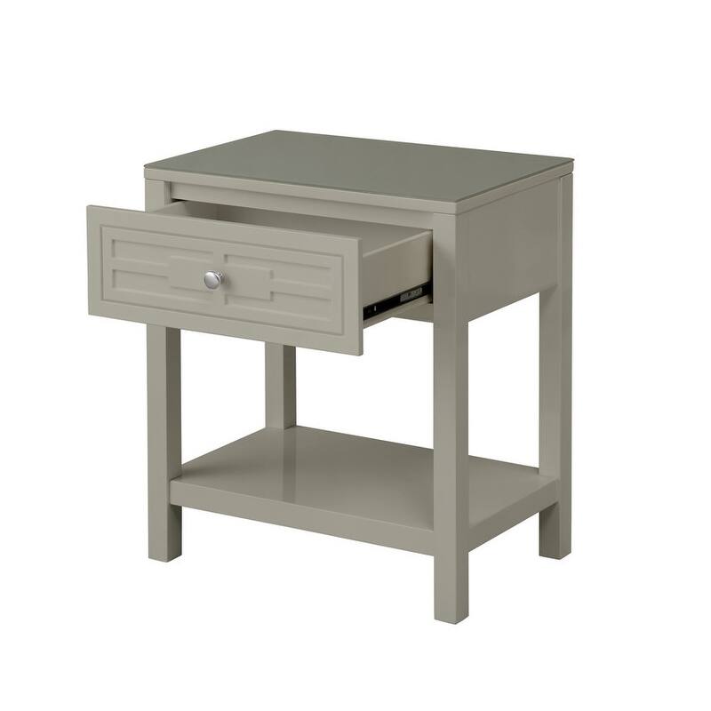 23-Inch Taupe Wooden Nightstand with Glass Top and Drawer