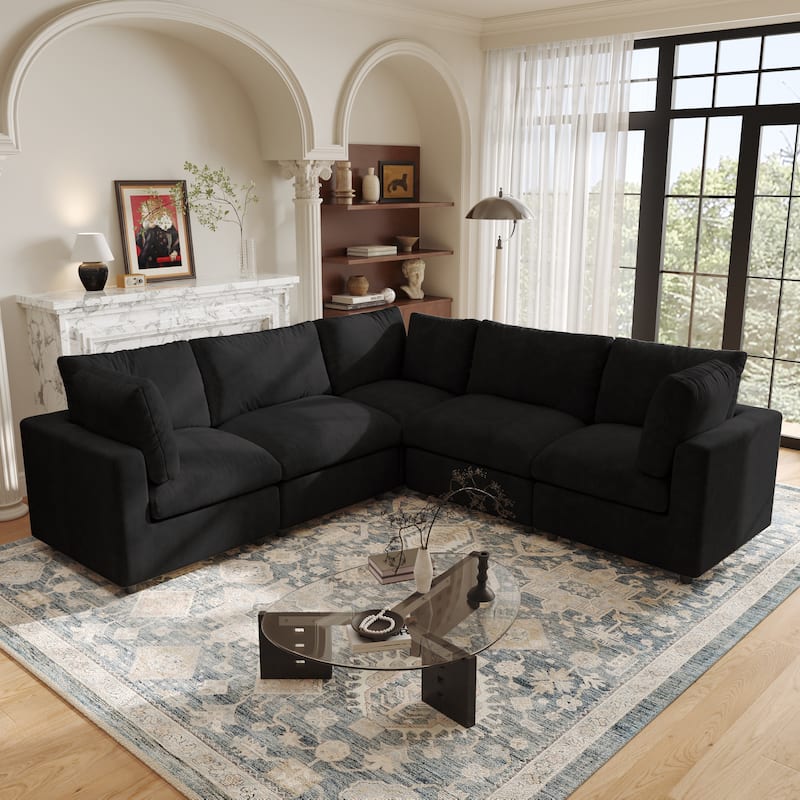 5 Seat L-Shaped Sectional Sofa chenille Fabric Upholstered Couch with Removable Cushions Modern Living Room Furniture - Black