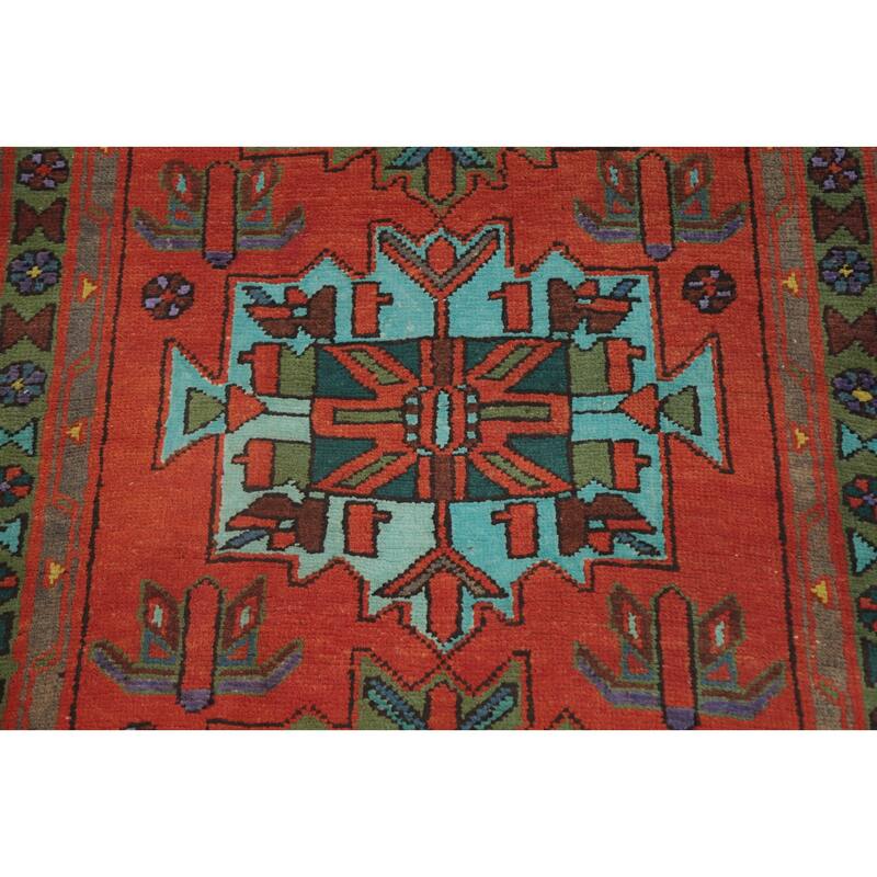 Hand Knotted Oriental 100% Wool Carpet Traditional Geometric Oranges & Rust Heriz Runner Rug - 9' 10'' X 3' 1''