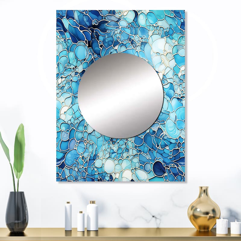 Designart "Ocean Blue Mosaic Turquoise" Botanical Mirror Blue - Tropical Large Living Room Wall Mirror Art - 24 in. wide x 32 in. high