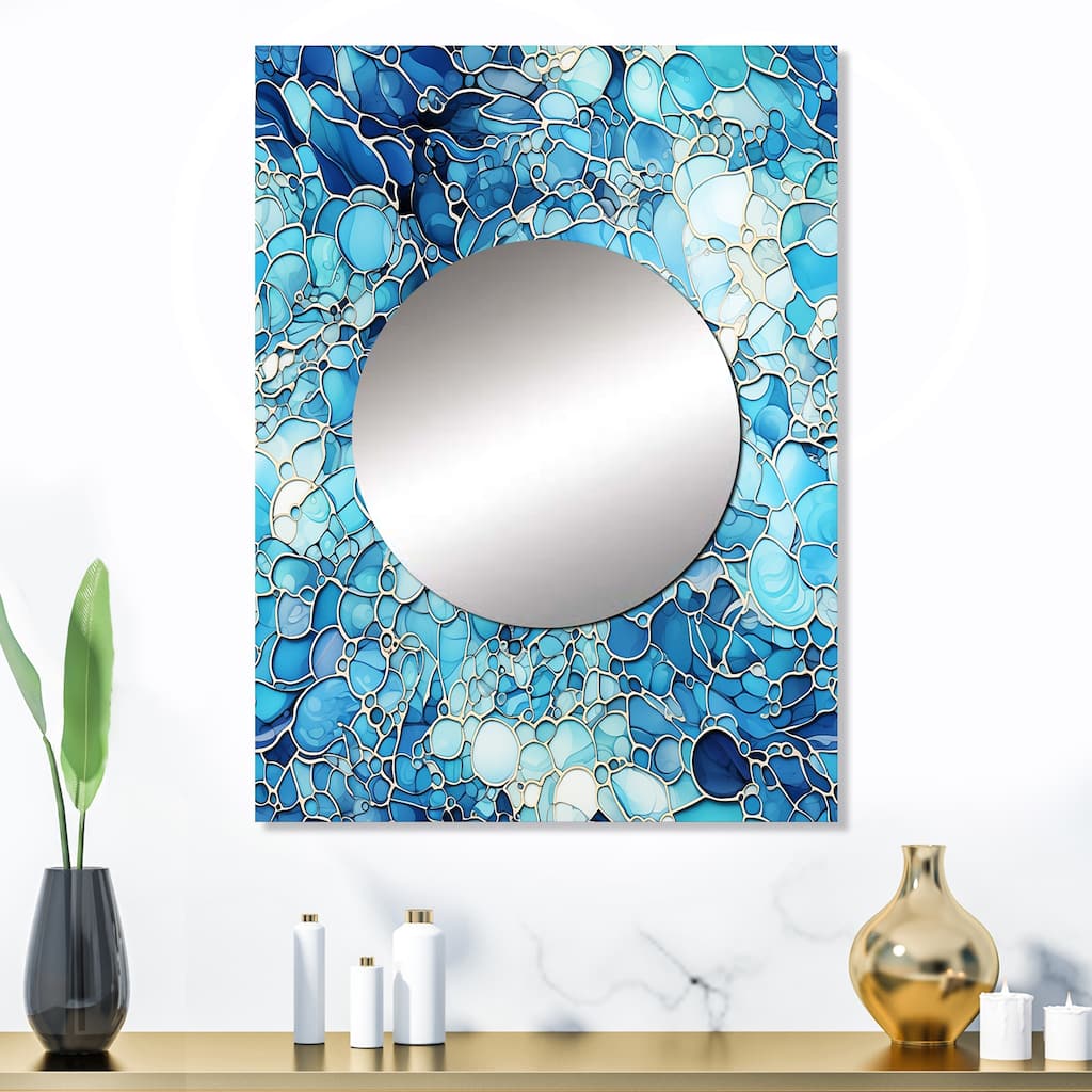 Designart "Ocean Blue Mosaic Turquoise" Botanical Mirror Blue - Tropical Large Living Room Wall Mirror Art