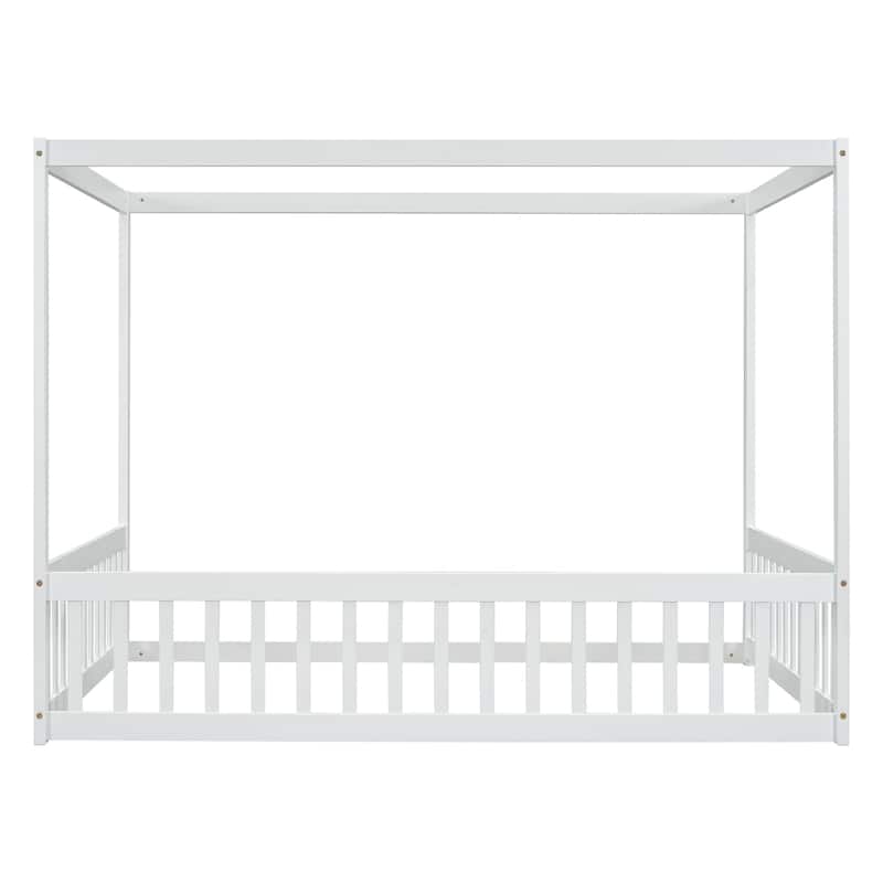 Full Size Canopy Frame Floor Bed with Fence,Guardrails