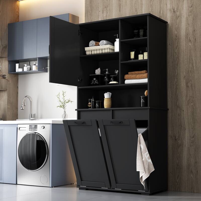 Laundry Cabinet with Doors and shelf, Tilt-Out Laundry Hamper, Multiple Storage Space, Freestanding Style, Open Shelve
