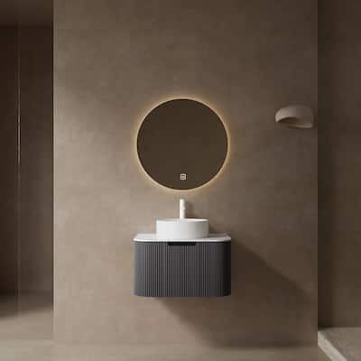 Vanity With Sink, Modern Wall-Mounted Floating Curved Edges Striped Bathroom Storage Cabinet, Round Ceramic Basin Without Faucet