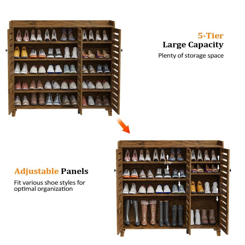 Hidden Shoe Cabinet with 3 Doors, 5 Tier Shoe Organizer Rustic Brown