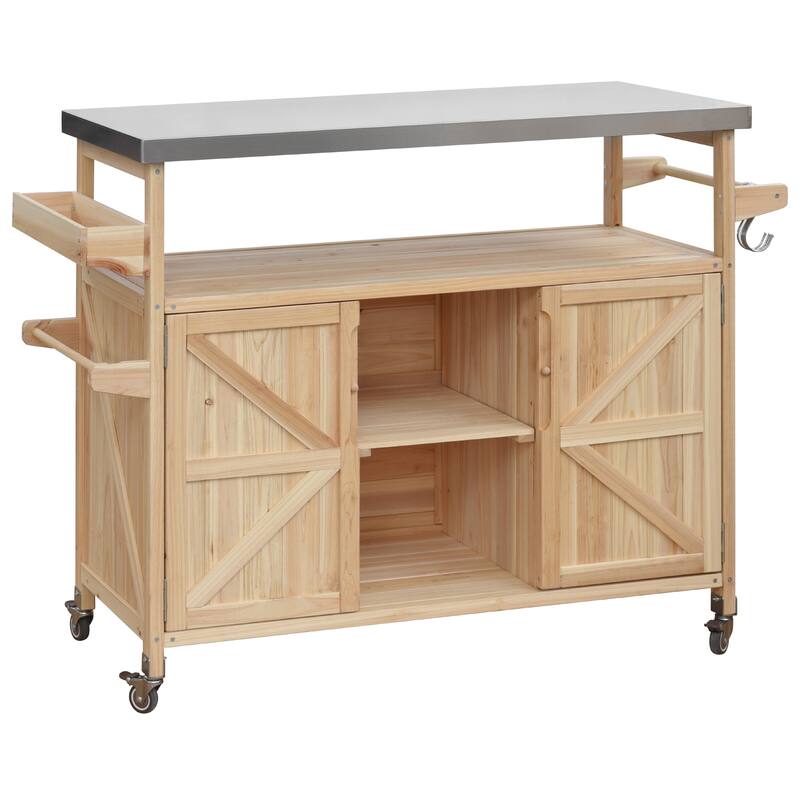 Outdoor Kitchen Island, Rolling Bar Cart & Storage Cabinet, Solid Wood Outdoor Grill Table with Stainless Steel Top