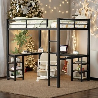 Industrial Modern Full Metal Loft Bed with Desk and Shelves, Ladder and Guardrails, Sturdy & Secure, Frame for Bedroom, Black