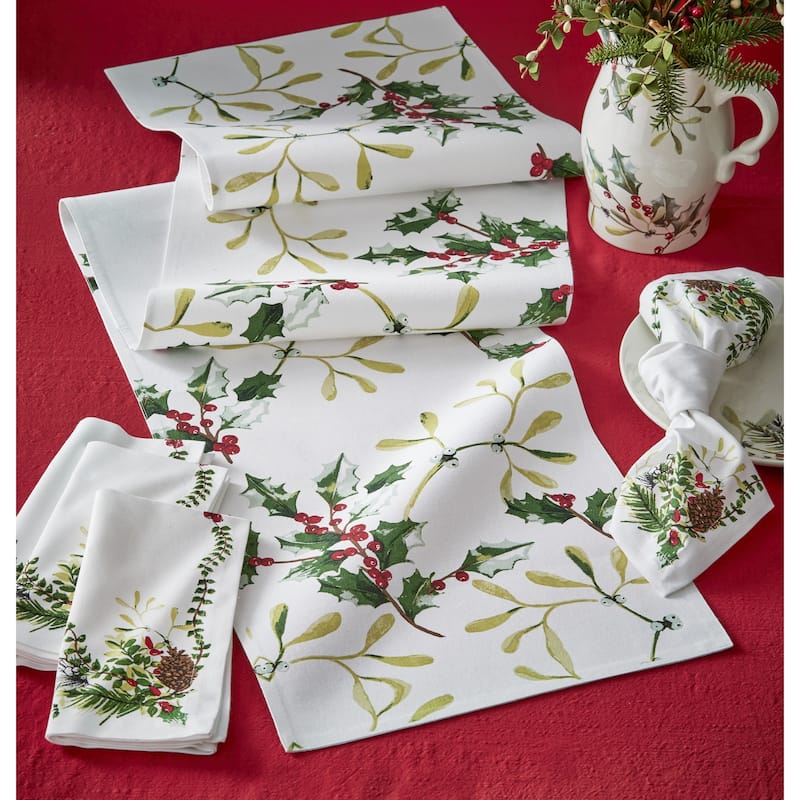 Mistletoe & Holly Printed Cotton Table Runner 72L X 14.5W in.