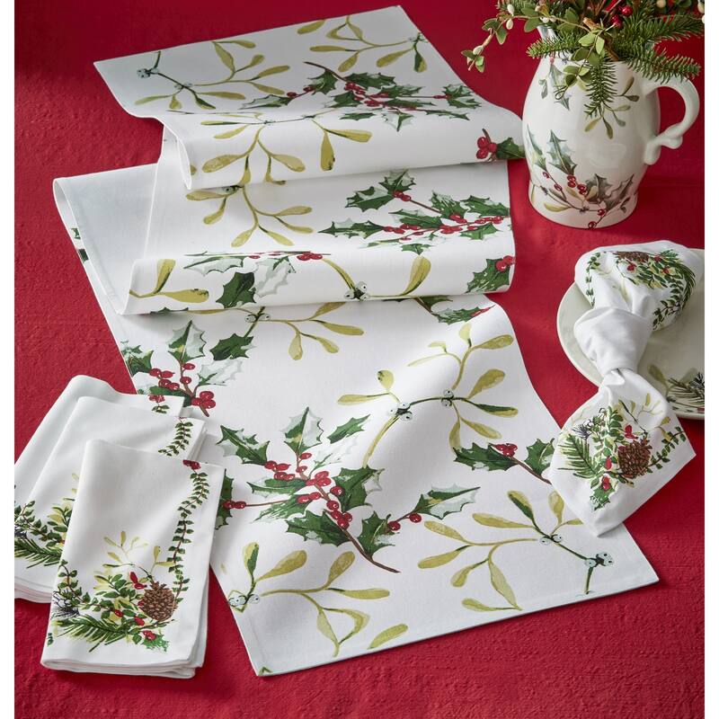 Winter Sprig White Cotton Napkin with Pinecone and Holly Set Of 4 - 20 x 20