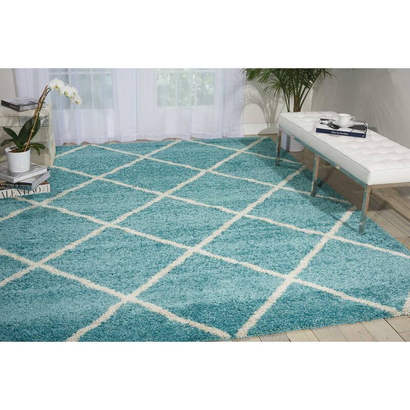 Nourison Brisbane Large Diamond Geometric Modern Shag Area Rug - 8' 2" x 10' - Aqua - Runner/Rectangle