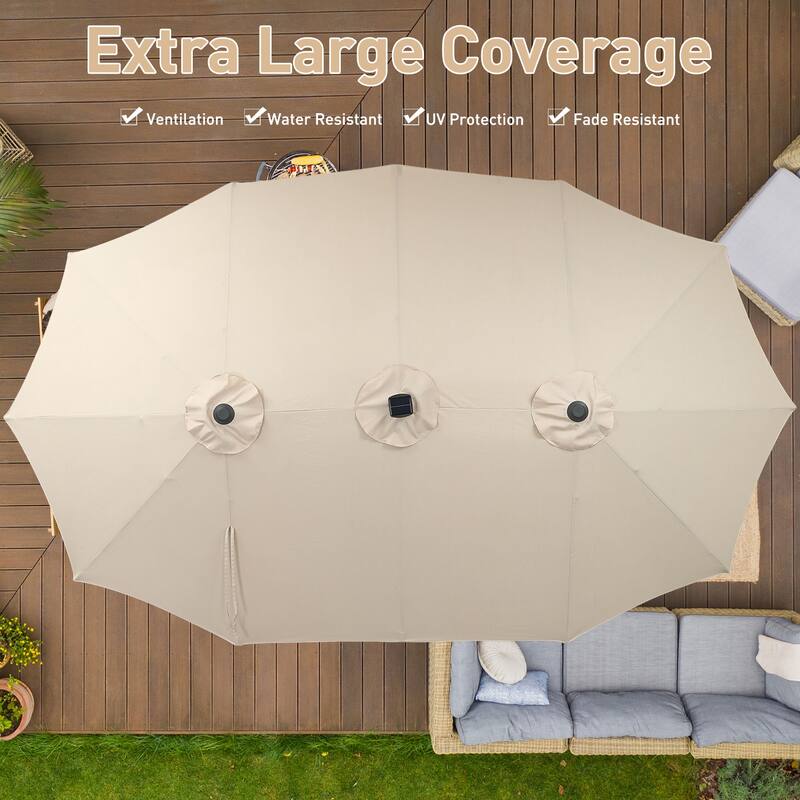 15ft Patio Umbrella Outdoor Market Umbrella with Base and LED Lights
