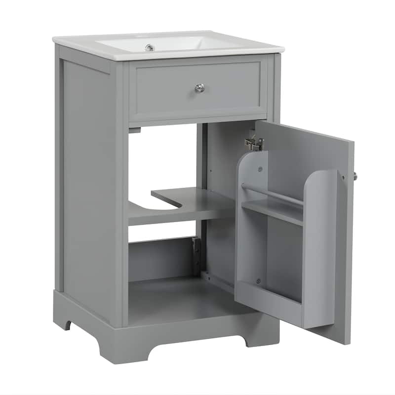 Bathroom Vanity with Ceramic Top Sink, Bathroom Cabinet with Two-Tier Storage, Single Basin Vanity Set with Adjustable Shelves