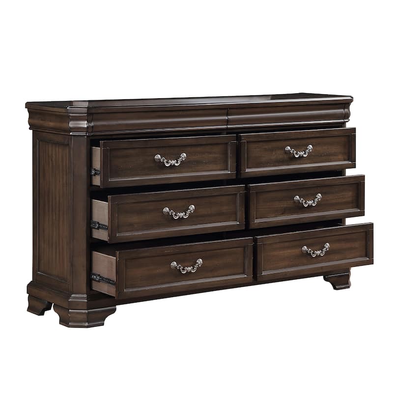 Lynda Dresser, 6 Drawers, Pewter, Dark Brown Solid Acacia Wood 68 Inch