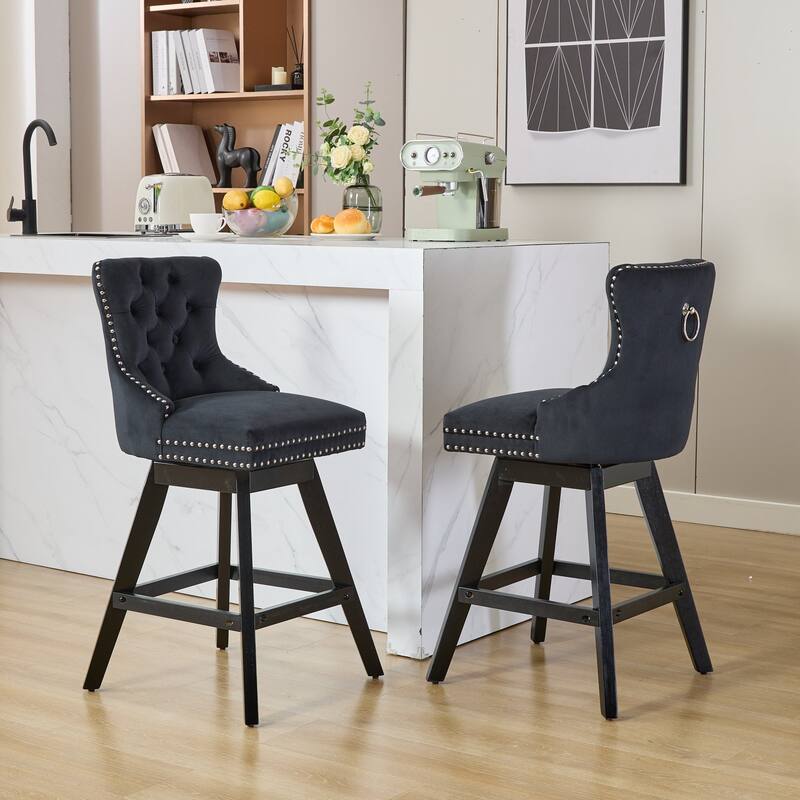 Swivel Bar Stools Set of 2, Velvet Counter Height Barstools with Wooden Legs, Kitchen Island Chairs with Button Backrest