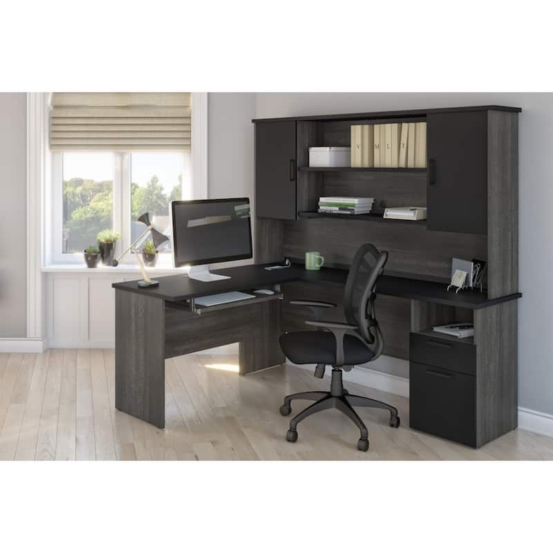 Bestar Norma 71W L-Shaped Desk with Storage Hutch and Drawers - Black