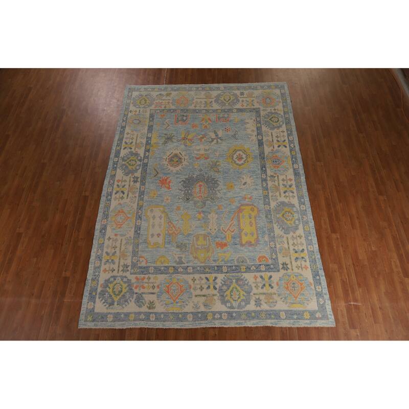 Hand Knotted Oriental 100% Wool Carpet Transitional All-Over Navy Blue & Blues Oushak Area Rug - 11' 4'' X 8' 1''