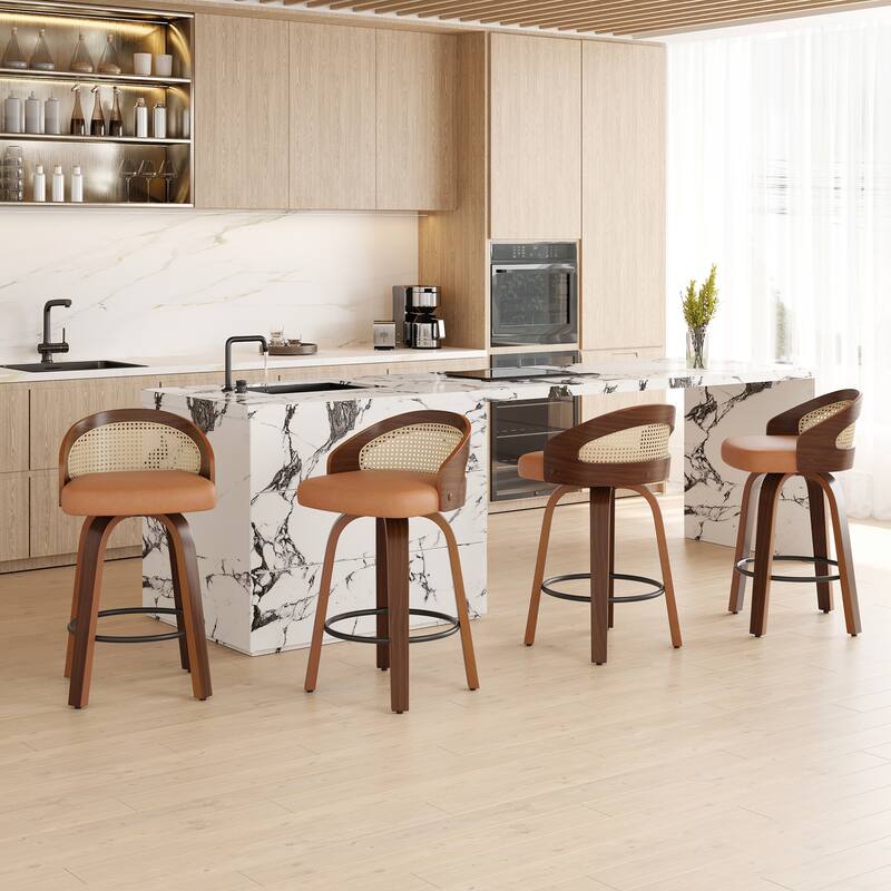 Swivel Bar Stools Set of 2, Modern Wood Frame with Rattan Back, PU Leather Stool for Kitchen Counter, Upholstered Barstools
