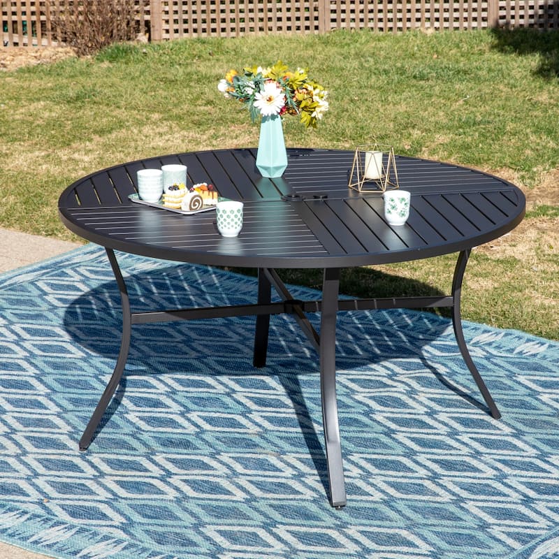 MAISON ARTS 7-Piece Patio Dining Set , Large Round Dining Table with Umbrella Hole & Metal Swivel Dining Chairs