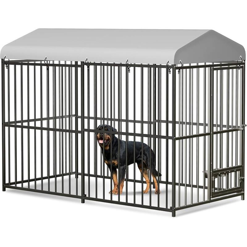 Dog Cage Kennel with Rotating Feeding Bowl Waterproof Roof Cover - 8*4*6FT