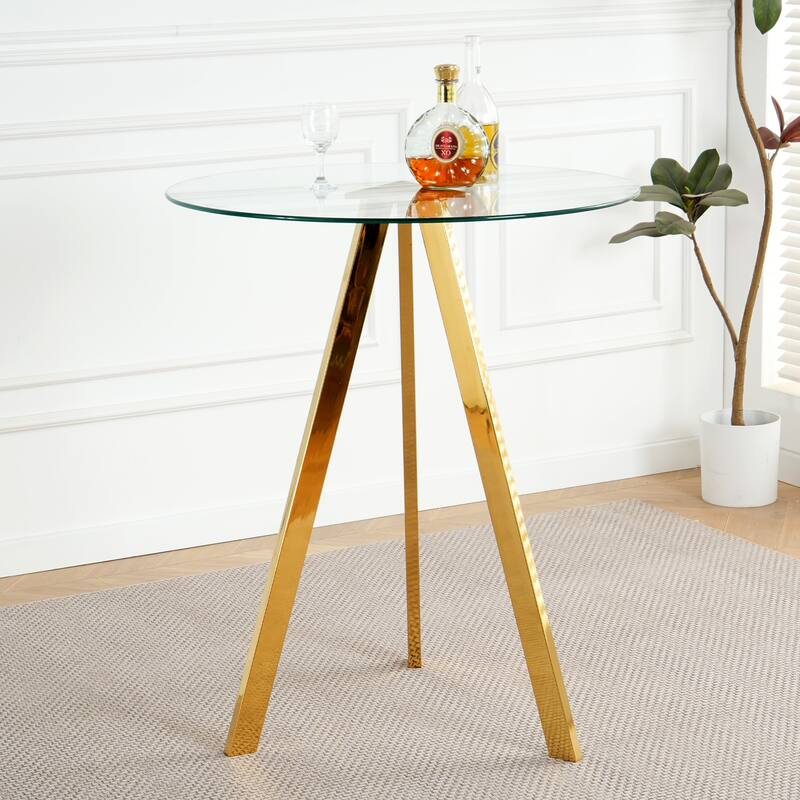 3 Piece Round Tempered Glass Dining Table Set, with Gold-plated Metal Legs