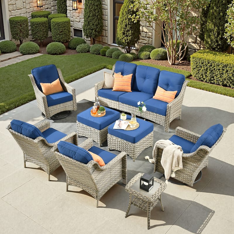 XIZZI 8-piece Patio Furniture Set Wicker Outdoor Swivel Chairs - Navy Blue