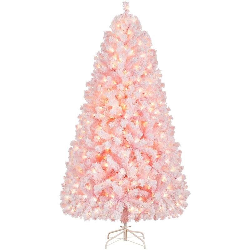 Yaheetech Pre-lit Flocked Artificial Christmas Tree Snow Frosted Christmas Tree, Pink
