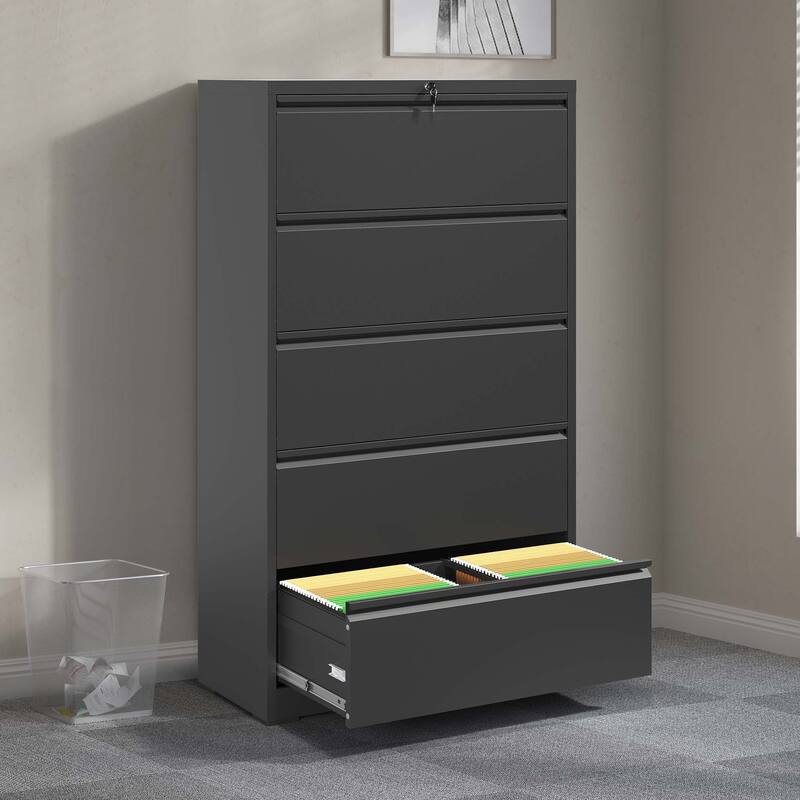 5 Drawer Metal Lateral File Cabinet,Black Filing Cabinet with Lock, Lockable File Cabinet for Home Office