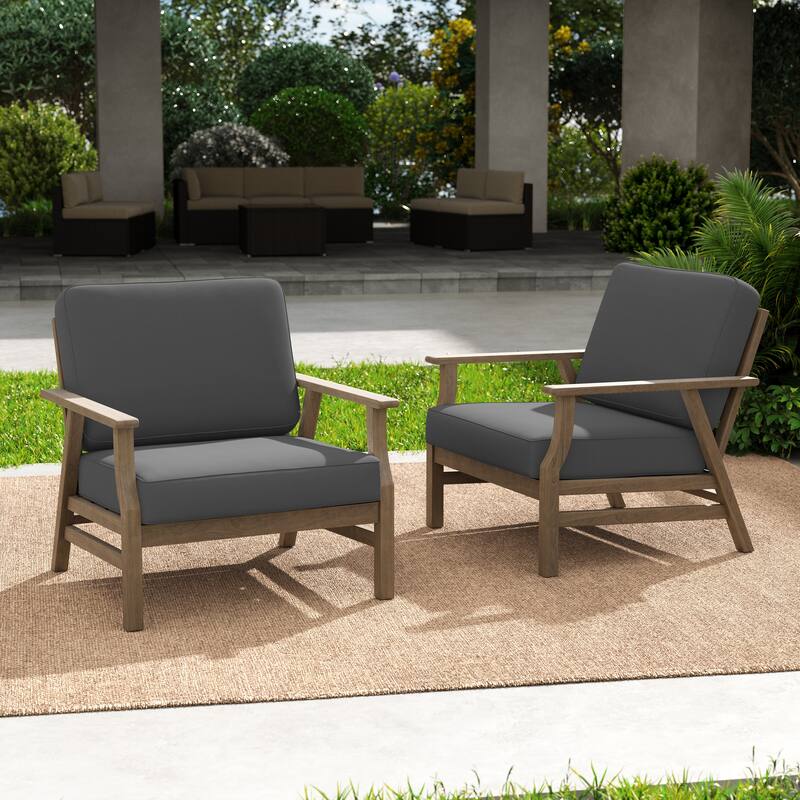 Outdoor Club Chair Patio Wood Arm Chair with Cushion Set of 2 - Dark gray